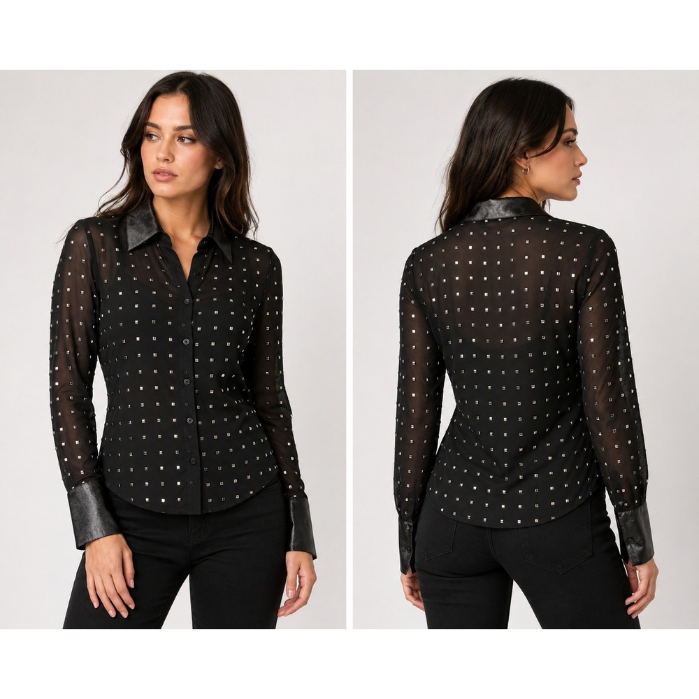 Emerson Lang Studded Sheer Mesh Button Down Top Satin Trim Black Medium